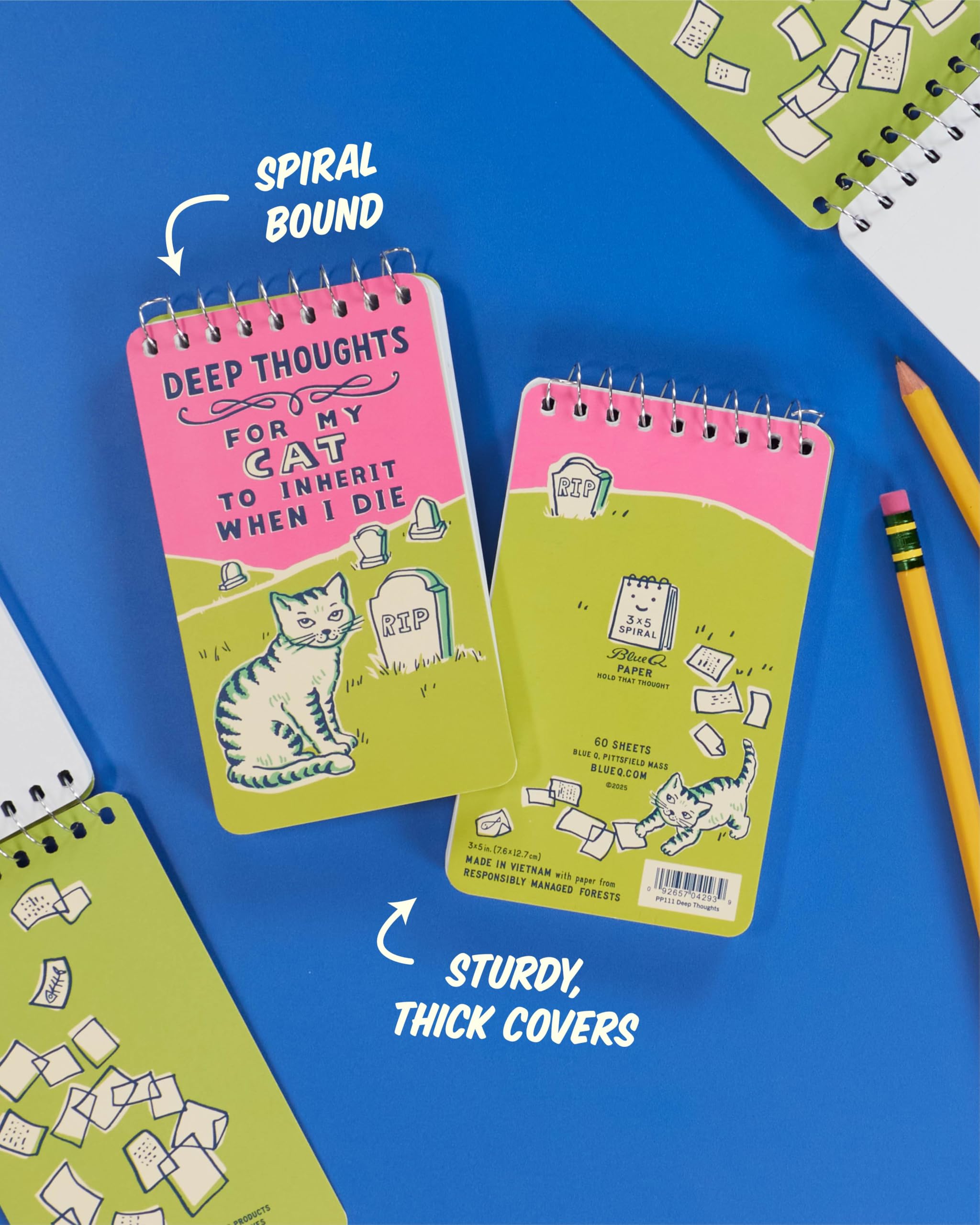 Blue Q Spiral Notebook 3x5 - Small Notepad for Note Taking & To-do Lists w/Sturdy Thick Covers, 60 Perforated Sheets, Spiral Bound Journal - Deep Thoughts For My Cat To Inherit When I Die - Image 3