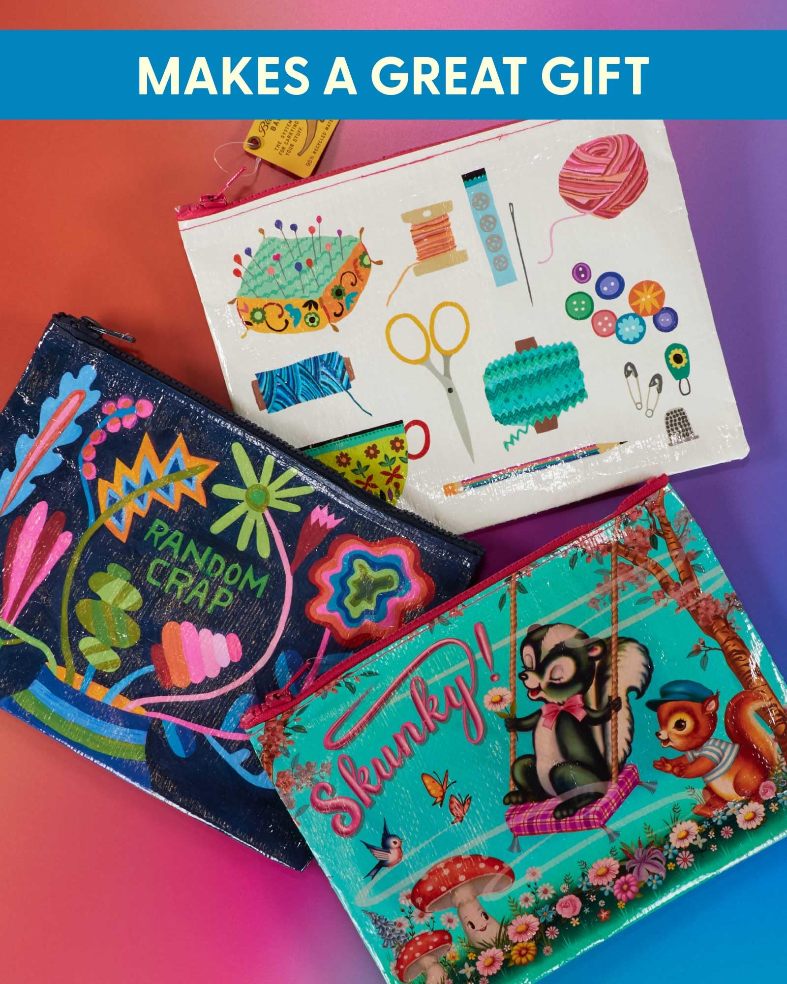 Blue Q Zipper Pouch, Made from 95% Recycled Material, 7.25" h x 9.5" w, Colorful Chunky Zipper - Image 6